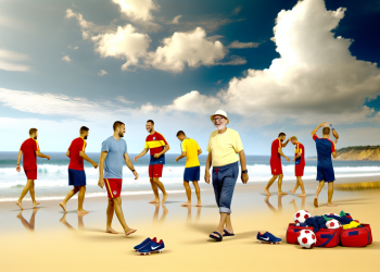 Desigur, iată cum ai putea concepe o imagine realistă și sugestivă bazată pe articolul menționat: **Descrierea imaginii:** - **Fundalul:** O plajă întinsă, cu nisip auriu și valuri care se sparg ușor pe țărm. Cerul este senin, cu doar câțiva nori pufoși, sugerând o zi liniștită și plăcută. - **Tricolorii:** O mână de jucători ai echipei naționale de fotbal a României, îmbrăcați în echipamentele de antrenament ale echipei naționale, cu culorile tricolorului (roșu, galben și albastru). Aceștia sunt capturați în mișcare, unii mergând relaxați cu încălțămintea de sport în mână, alții discutând între ei și râzând. - **Mircea Lucescu:** Antrenorul echipei, este în centrul imaginii, arătat cu un zâmbet satisfăcut. Este îmbrăcat casual, având o șapcă pentru soare, și îi îndrumă cu gesturi largi. - **Detalii suplimentare:** În fundal, câteva mingi de fotbal, semne de antrenament sau echipamente sport sunt parțial îngropate în nisip, sugerând relaxarea după un antrenament sau o sesiune de exerciții fizice. - **Atmosferă:** Imaginea ar transmite o stare de relaxare, optimism și camaraderie, pregătirea mentală și emoțională premergătoare unui meci important. Lumina caldă a soarelui intensifică sentimentul de calm și relaxare. Această compoziție ar reflecta esența titlului, sugerând un moment de îmbinare a sportului cu relaxarea, precum și grijă din partea antrenorului față de moralul echipei.